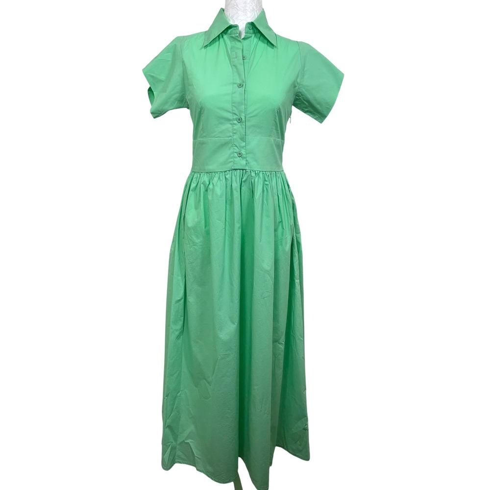 Anonyme Designers Green Button Front Pleated Skirt Maxi Shirt Dress Womens XS